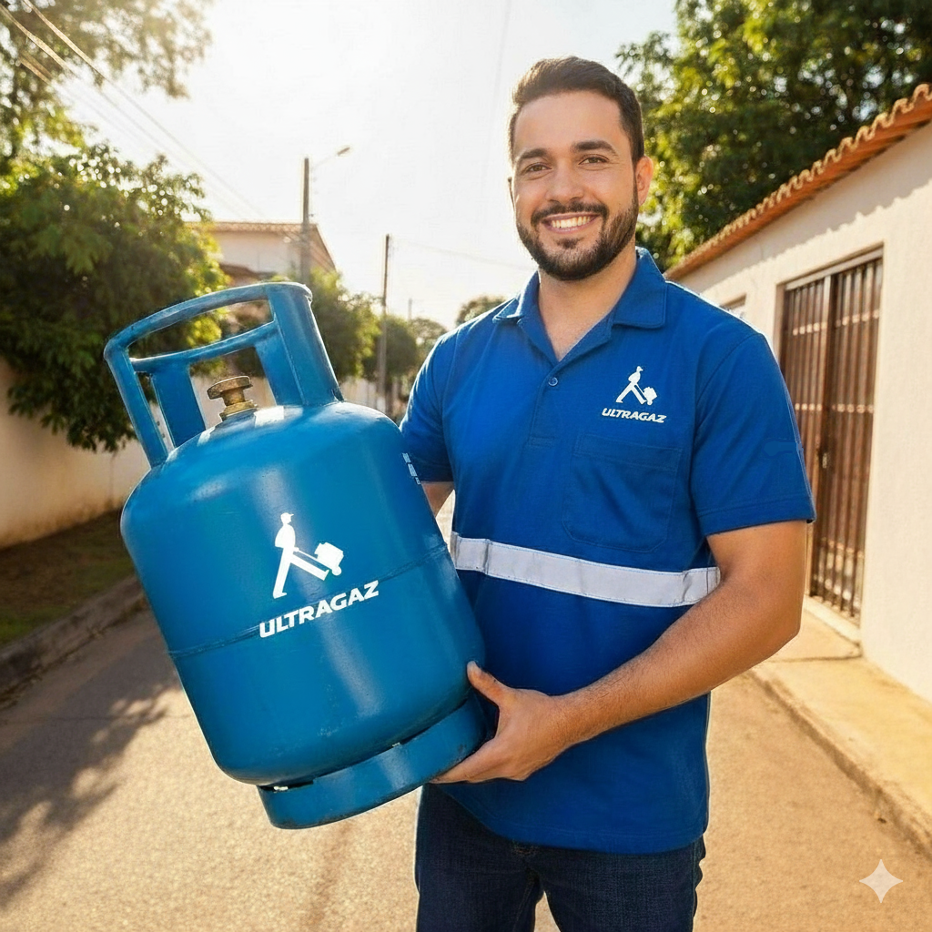Homem entregando botijão de gás Ultragás de 13kg