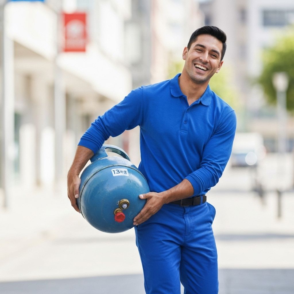 Entregador sorrindo de macacão azul da Ultragás entregando botijão de 13kg